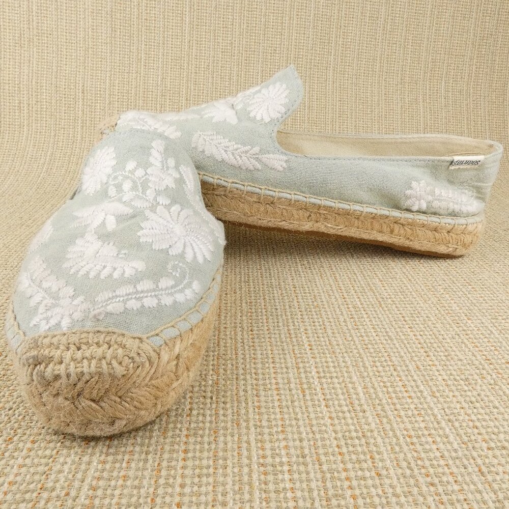 Anthropologie Soludos Shoes Womens 7.5 Light Green Espadrilles Embroidered Slide